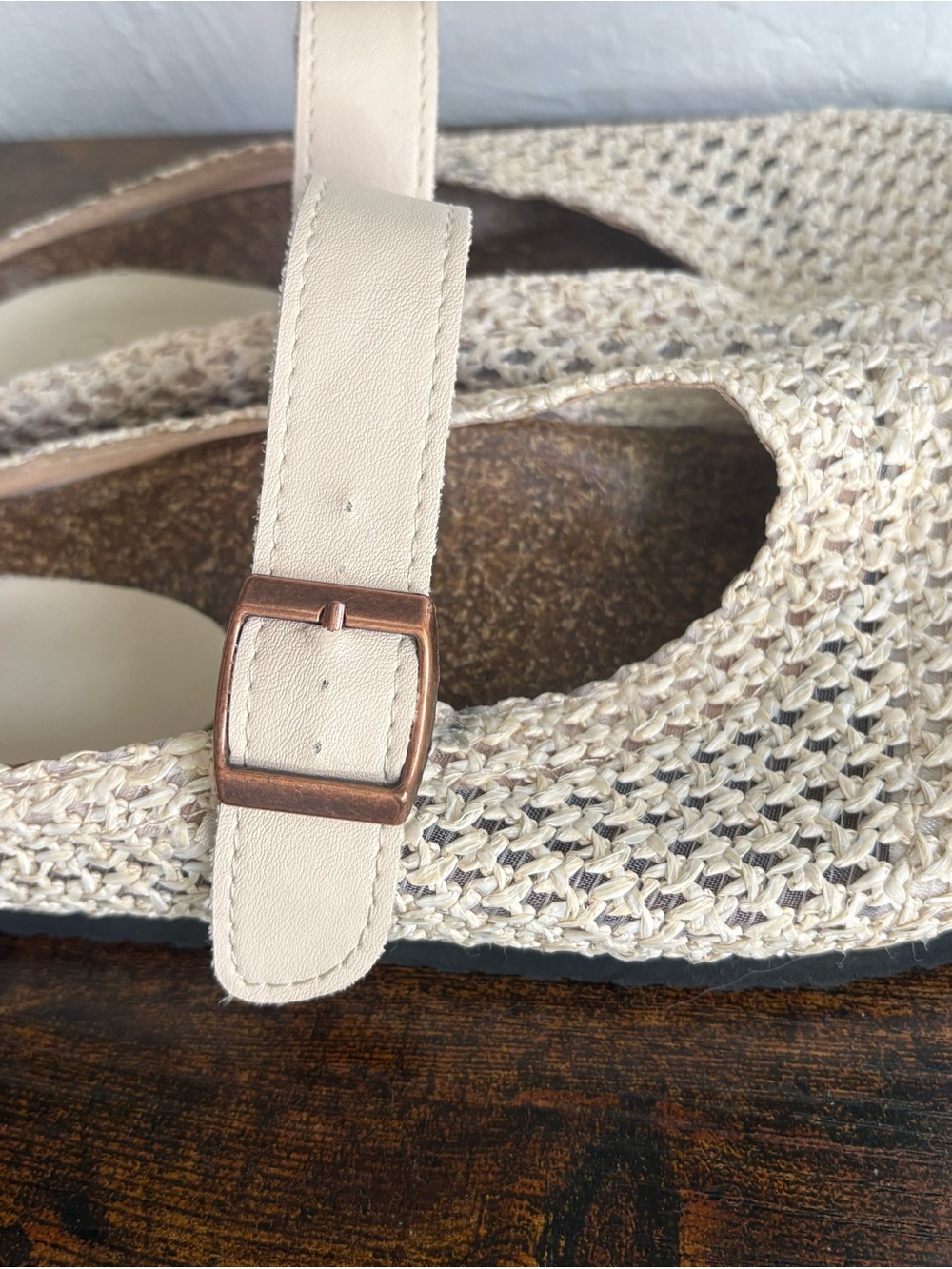 Woven Mary Jane Flats in Cream with Adjustable Strap